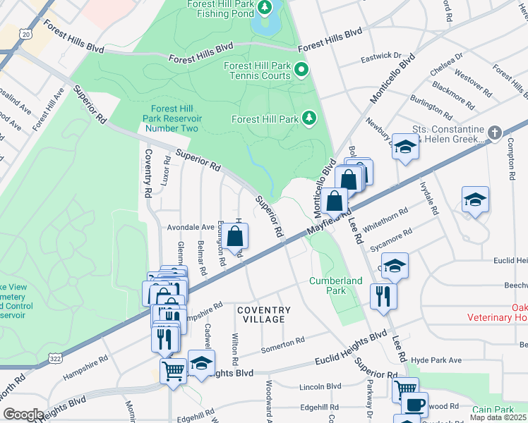 map of restaurants, bars, coffee shops, grocery stores, and more near 14174 Superior Road in Cleveland Heights