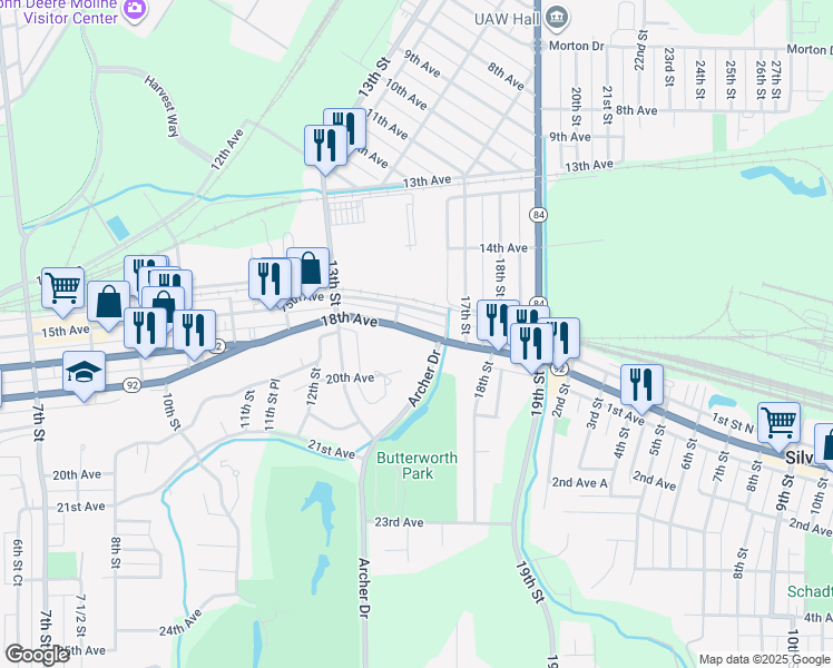 map of restaurants, bars, coffee shops, grocery stores, and more near 1421 18th Avenue in Moline