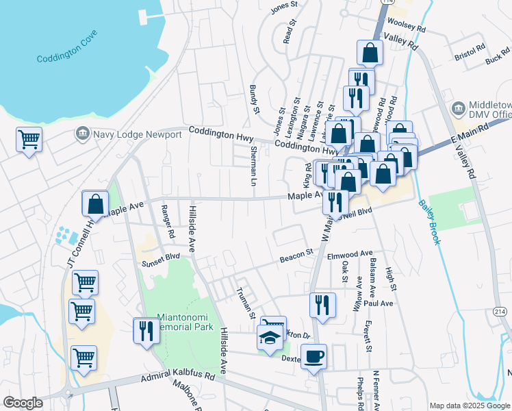 map of restaurants, bars, coffee shops, grocery stores, and more near 27 Sunset Lawn Road in Middletown