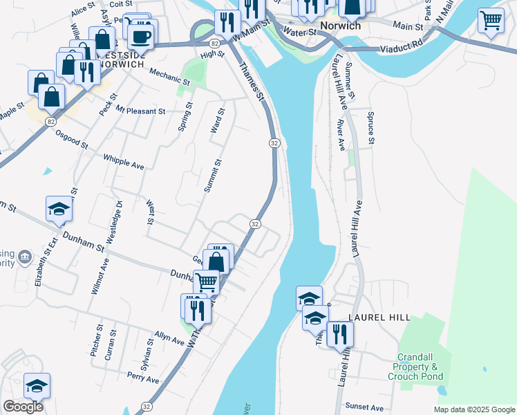map of restaurants, bars, coffee shops, grocery stores, and more near 91 West Thames Street in Norwich