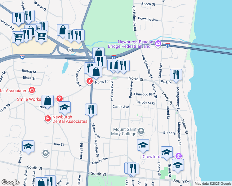map of restaurants, bars, coffee shops, grocery stores, and more near 379 Powell Avenue in Newburgh