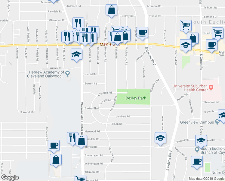 map of restaurants, bars, coffee shops, grocery stores, and more near 4108 Charlton Road in South Euclid