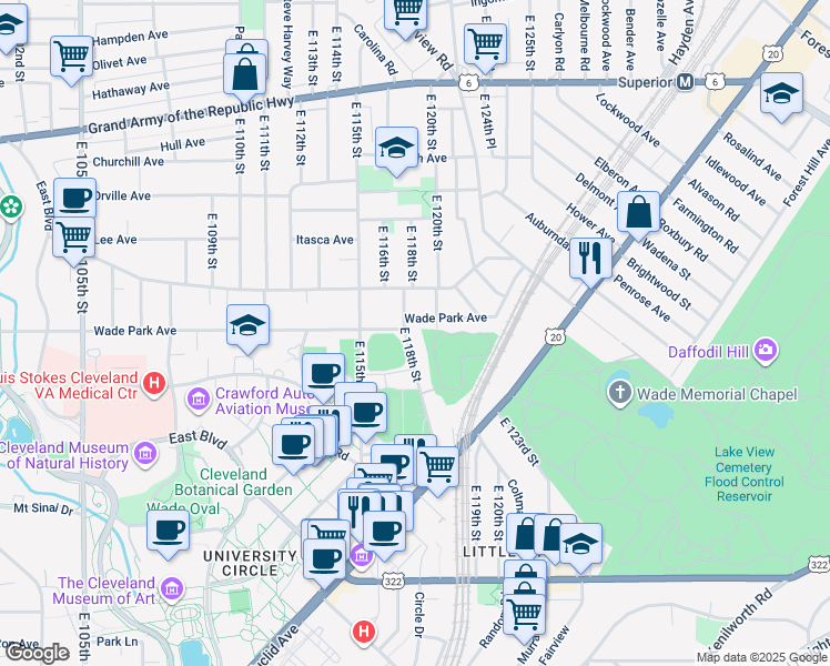map of restaurants, bars, coffee shops, grocery stores, and more near 1561B East 118th Street in Cleveland