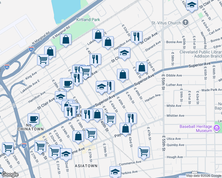 map of restaurants, bars, coffee shops, grocery stores, and more near 1435 East 43rd Street in Cleveland
