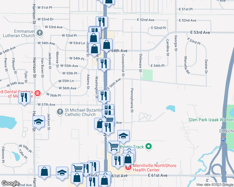 map of restaurants, bars, coffee shops, grocery stores, and more near 5645 Massachusetts Street in Merrillville