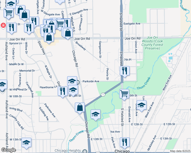 map of restaurants, bars, coffee shops, grocery stores, and more near 39 Parkside Avenue in Chicago Heights