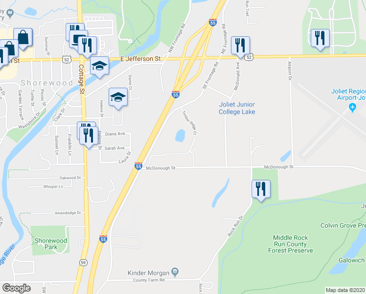 map of restaurants, bars, coffee shops, grocery stores, and more near 4321 Timber Ridge Court in Joliet