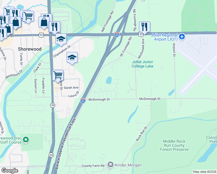 map of restaurants, bars, coffee shops, grocery stores, and more near 4321 Timber Ridge Court in Joliet