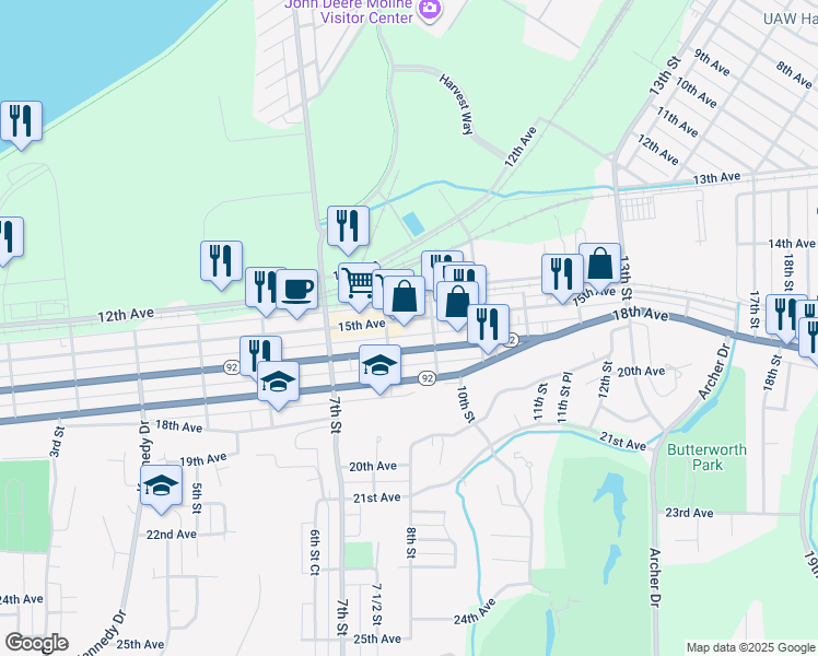 map of restaurants, bars, coffee shops, grocery stores, and more near 805 16th Avenue in East Moline