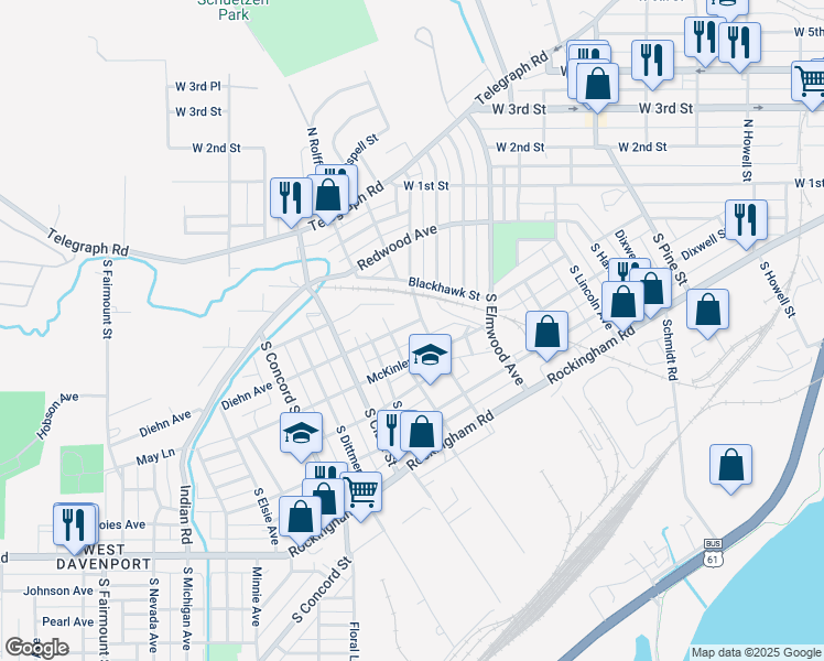 map of restaurants, bars, coffee shops, grocery stores, and more near 2613 McKinley Avenue in Davenport