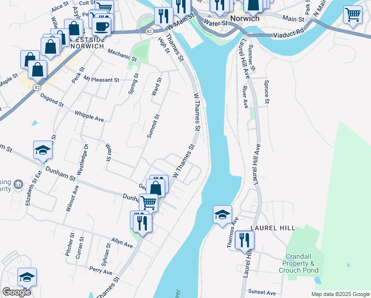 map of restaurants, bars, coffee shops, grocery stores, and more near 91 West Thames Street in Norwich