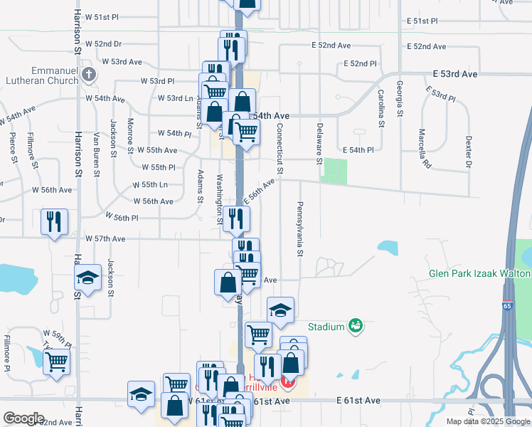 map of restaurants, bars, coffee shops, grocery stores, and more near 5629 Massachusetts Street in Merrillville