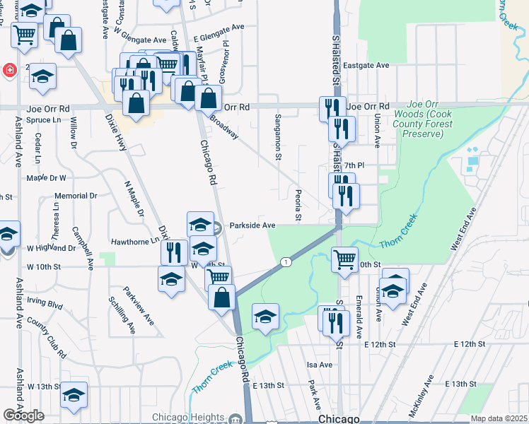 map of restaurants, bars, coffee shops, grocery stores, and more near 39 Parkside Avenue in Chicago Heights