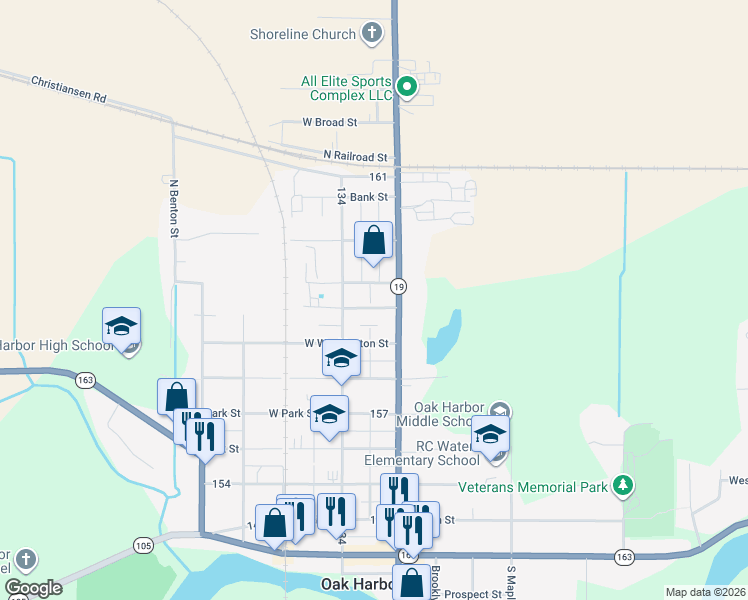 map of restaurants, bars, coffee shops, grocery stores, and more near 117 Jefferson Street in Oak Harbor