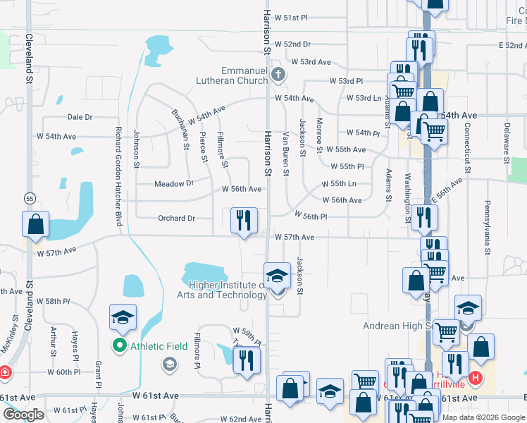 map of restaurants, bars, coffee shops, grocery stores, and more near 825 West 56th Place in Merrillville