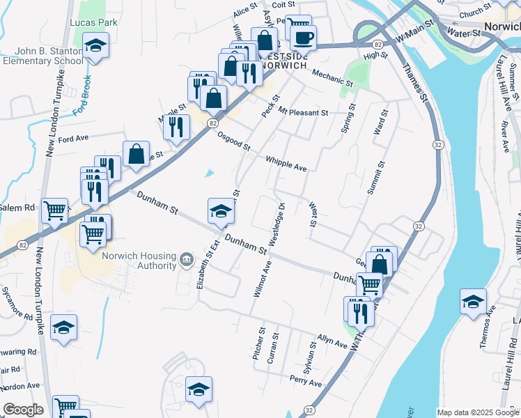 map of restaurants, bars, coffee shops, grocery stores, and more near 2 Westledge Drive in Norwich