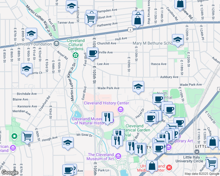 map of restaurants, bars, coffee shops, grocery stores, and more near Wade Park Avenue & East 107th Street in Cleveland