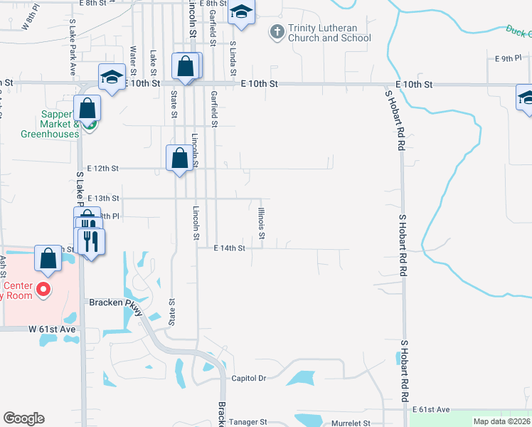 map of restaurants, bars, coffee shops, grocery stores, and more near 1323 Illinois Street in Hobart