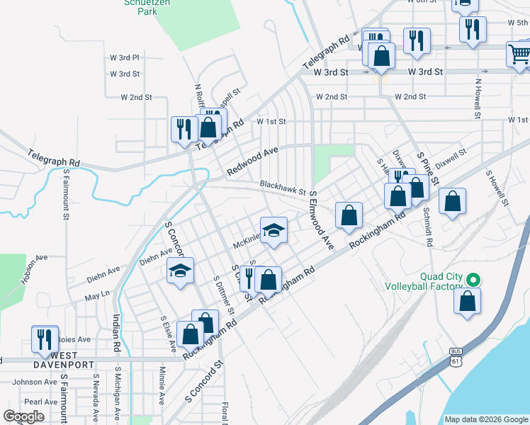 map of restaurants, bars, coffee shops, grocery stores, and more near 2613 McKinley Avenue in Davenport