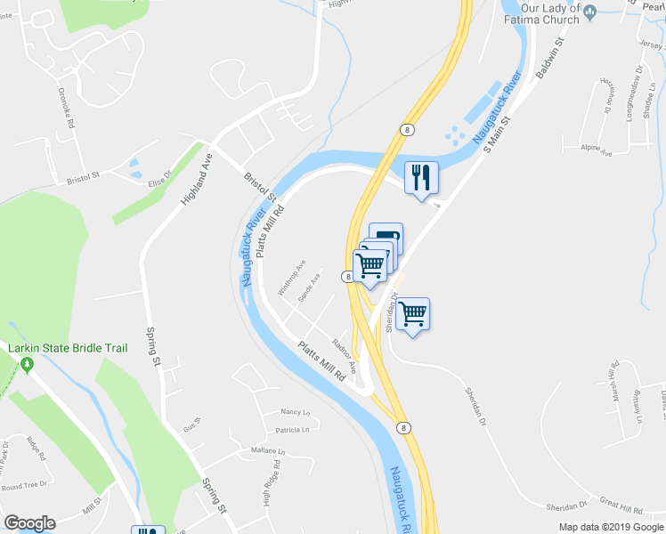map of restaurants, bars, coffee shops, grocery stores, and more near 102 Sande Avenue in Waterbury