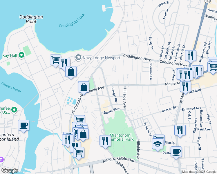 map of restaurants, bars, coffee shops, grocery stores, and more near 12 Ranger Road in Newport