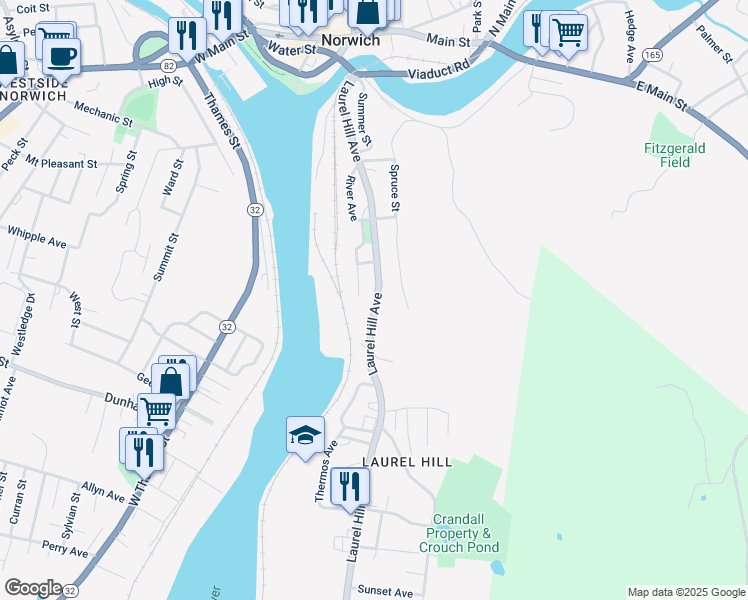 map of restaurants, bars, coffee shops, grocery stores, and more near 235 Laurel Hill Avenue in Norwich