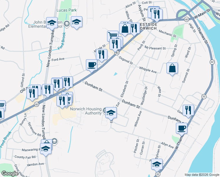 map of restaurants, bars, coffee shops, grocery stores, and more near 207 Dunham Street in Norwich