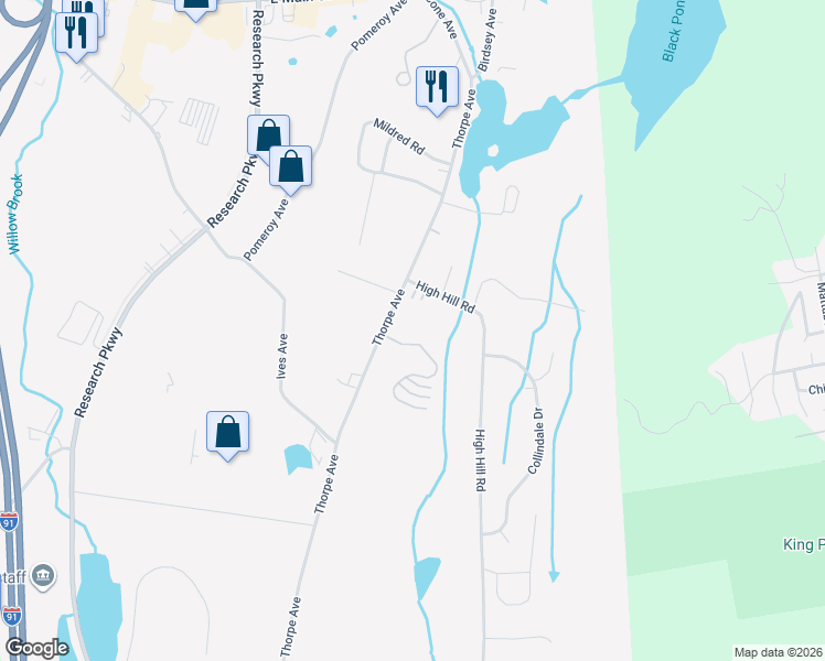 map of restaurants, bars, coffee shops, grocery stores, and more near 302 Thorpe Avenue in Meriden