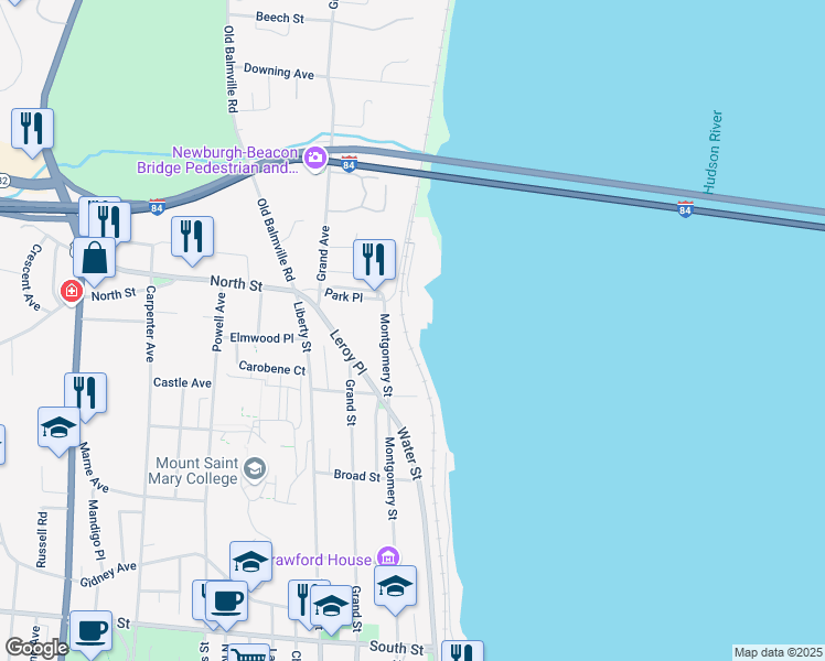 map of restaurants, bars, coffee shops, grocery stores, and more near 1 Park Place in Newburgh