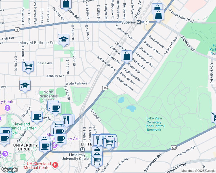 map of restaurants, bars, coffee shops, grocery stores, and more near 12410 Euclid Avenue in Cleveland
