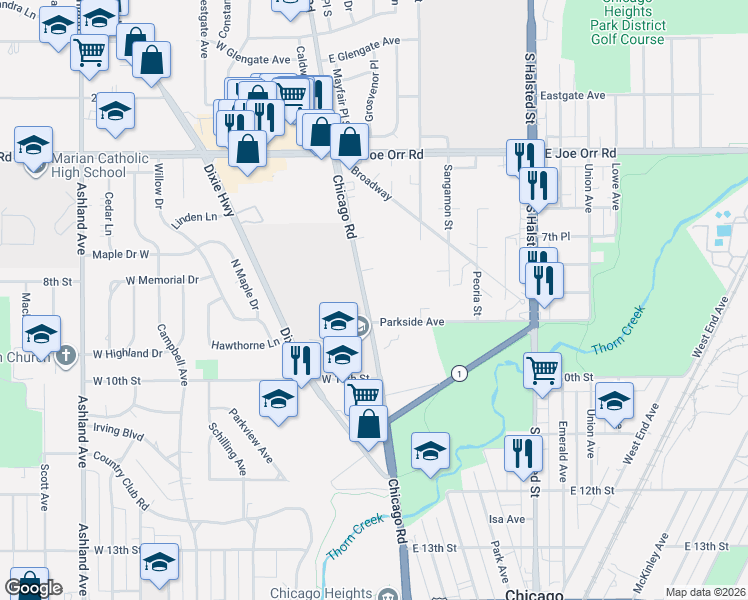 map of restaurants, bars, coffee shops, grocery stores, and more near 13 Parkside Avenue in Chicago Heights