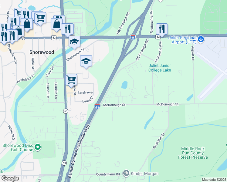 map of restaurants, bars, coffee shops, grocery stores, and more near 4363 Timber Ridge Court in Joliet