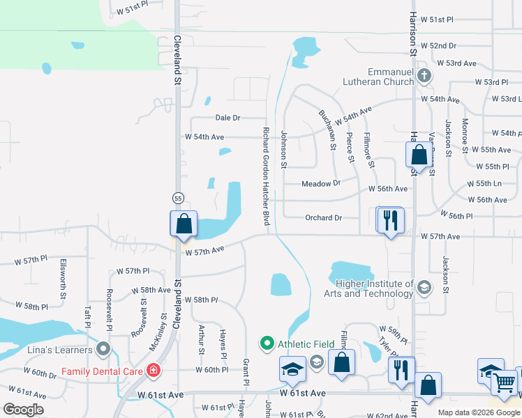 map of restaurants, bars, coffee shops, grocery stores, and more near 5618 Hayes Street in Merrillville