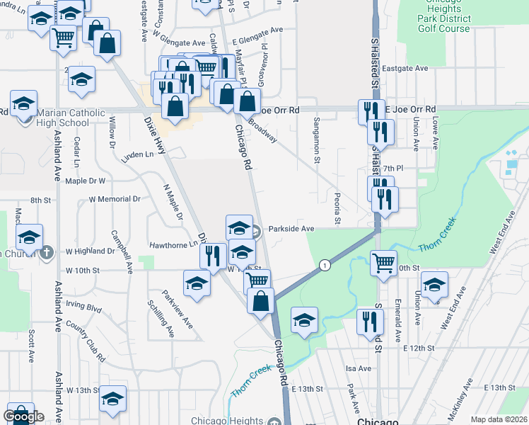 map of restaurants, bars, coffee shops, grocery stores, and more near 13 Parkside Avenue in Chicago Heights