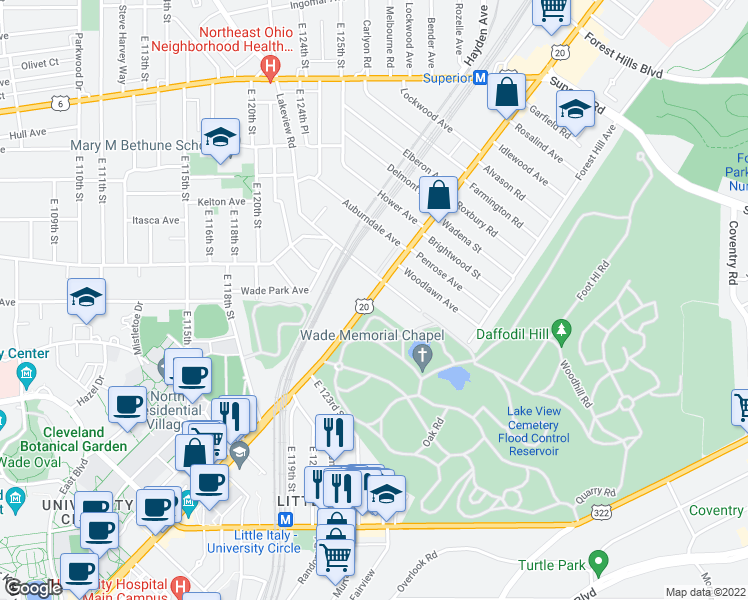 map of restaurants, bars, coffee shops, grocery stores, and more near 12410 Euclid Avenue in Cleveland