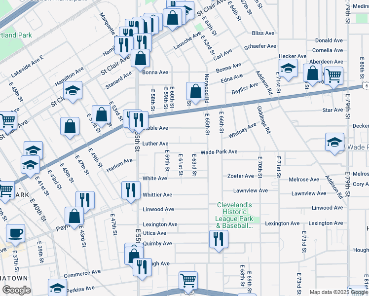 map of restaurants, bars, coffee shops, grocery stores, and more near 1407 East 61st Street in Cleveland