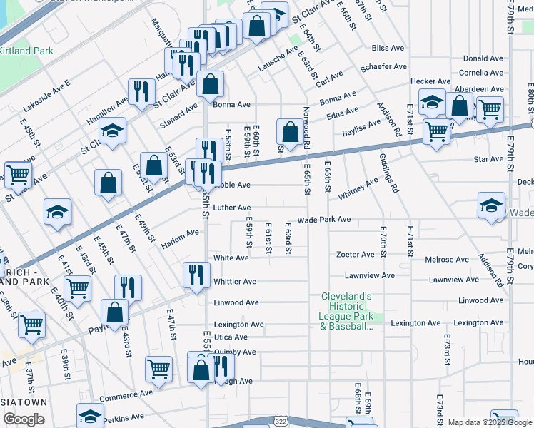 map of restaurants, bars, coffee shops, grocery stores, and more near 1407 East 61st Street in Cleveland