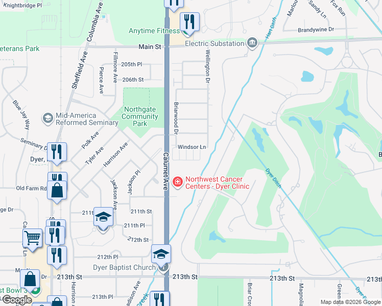 map of restaurants, bars, coffee shops, grocery stores, and more near 1013 Windsor Ln in Dyer