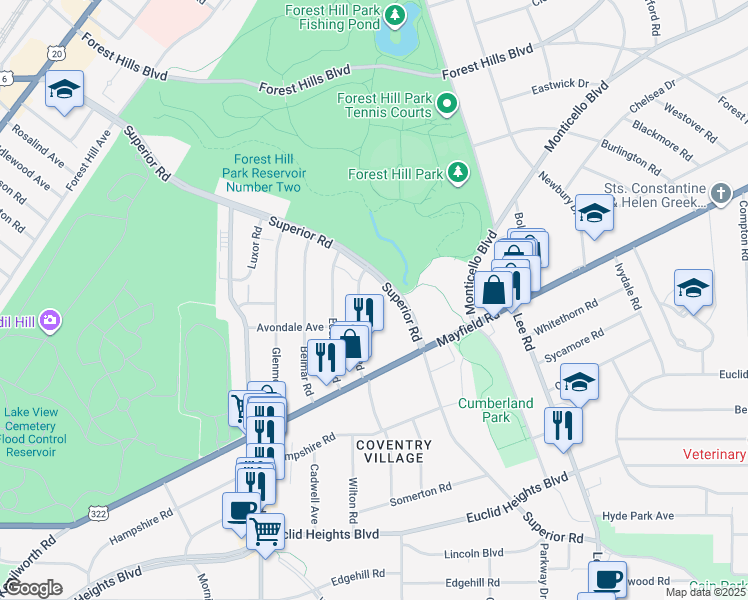 map of restaurants, bars, coffee shops, grocery stores, and more near 1615 Ridgefield Road in Cleveland Heights
