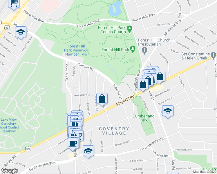 map of restaurants, bars, coffee shops, grocery stores, and more near 1596 Ridgefield Road in Cleveland Heights