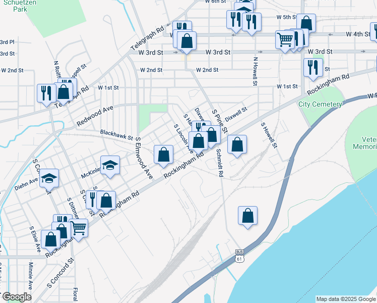 map of restaurants, bars, coffee shops, grocery stores, and more near 510 South Lincoln Avenue in Davenport