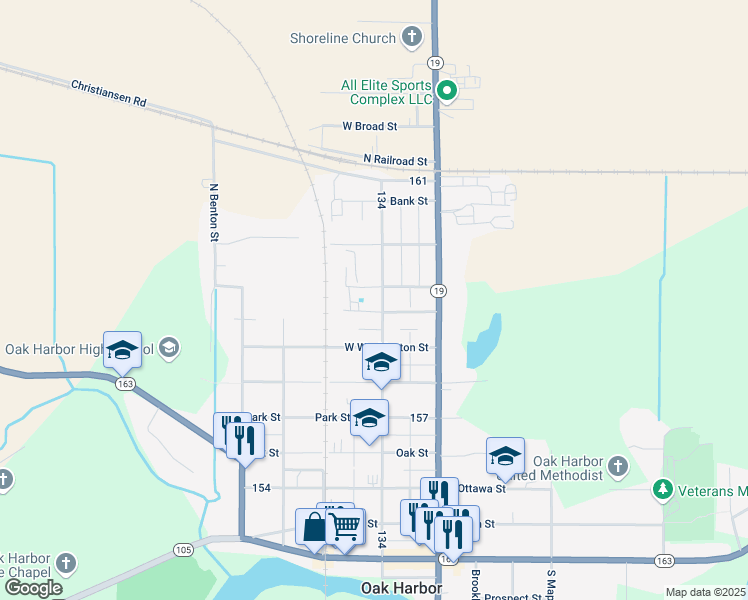 map of restaurants, bars, coffee shops, grocery stores, and more near 209 Jefferson Street in Oak Harbor