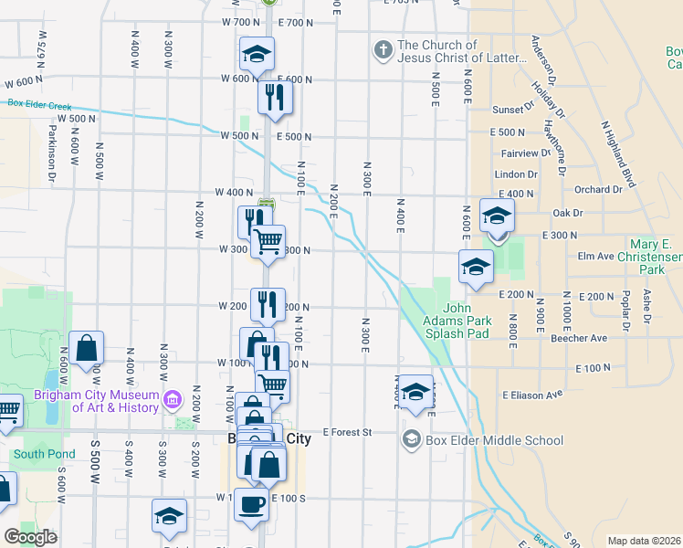 map of restaurants, bars, coffee shops, grocery stores, and more near 225 North 200 East in Brigham City