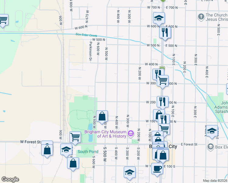 map of restaurants, bars, coffee shops, grocery stores, and more near 216 North 500 West in Brigham City