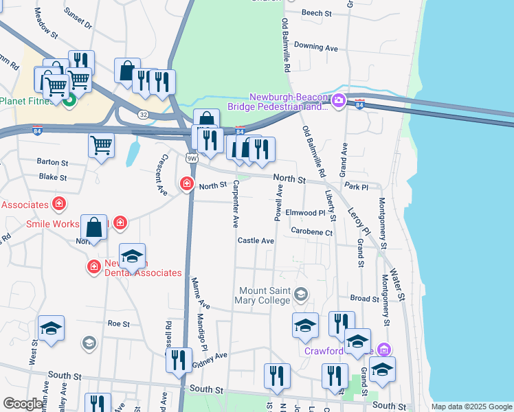 map of restaurants, bars, coffee shops, grocery stores, and more near 379 Powell Avenue in Newburgh