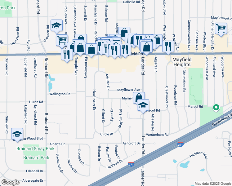 map of restaurants, bars, coffee shops, grocery stores, and more near 5917 Marnell Avenue in Mayfield Heights