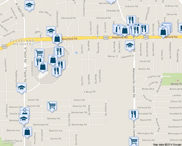 map of restaurants, bars, coffee shops, grocery stores, and more near 1628 Maple Road in Cleveland Heights
