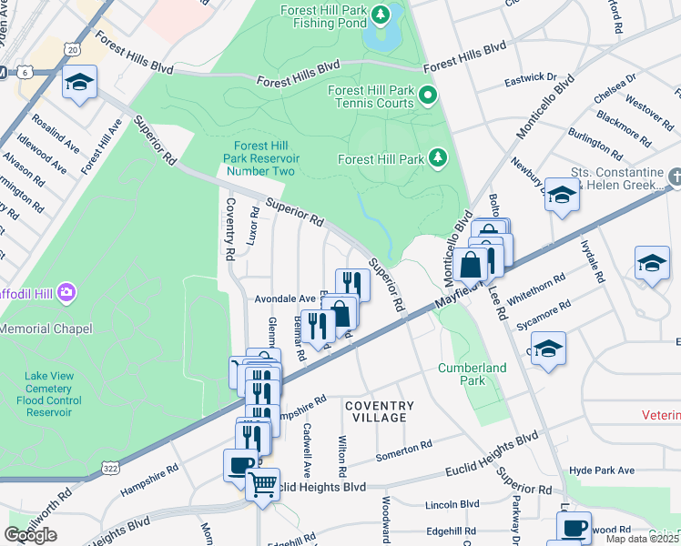 map of restaurants, bars, coffee shops, grocery stores, and more near 1612 Hillcrest Road in Cleveland Heights