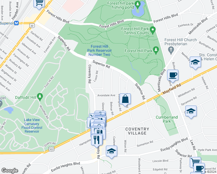 map of restaurants, bars, coffee shops, grocery stores, and more near 1609 Glenmont Road in East Cleveland
