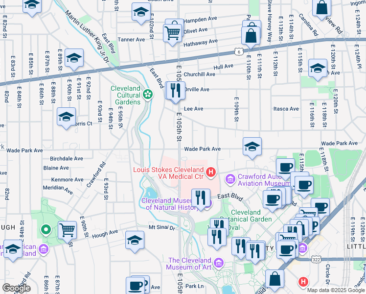 map of restaurants, bars, coffee shops, grocery stores, and more near 10500 Wade Park Avenue in Cleveland